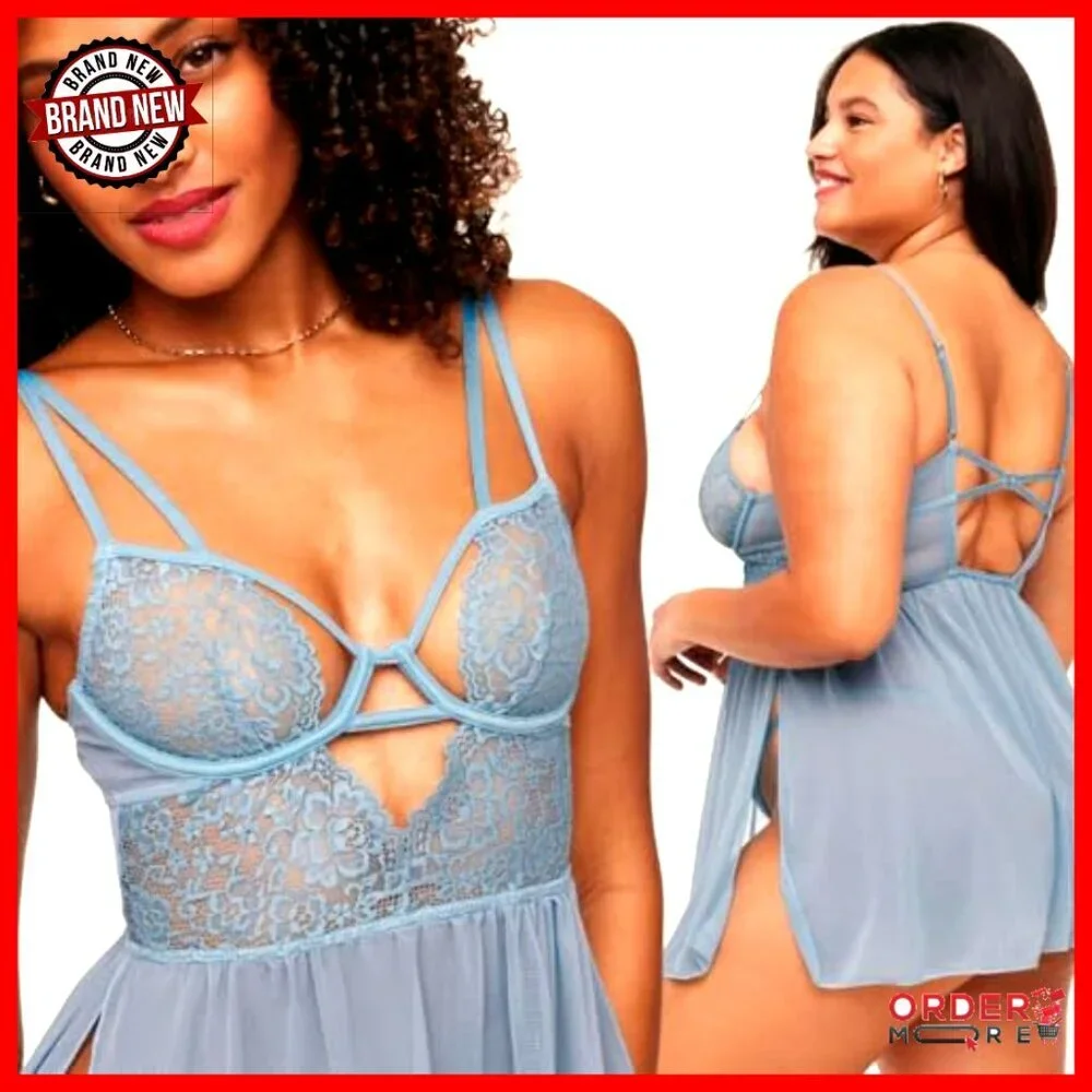 XS-4X Lace Babydoll Dress with Underwire Bra & Thong Set